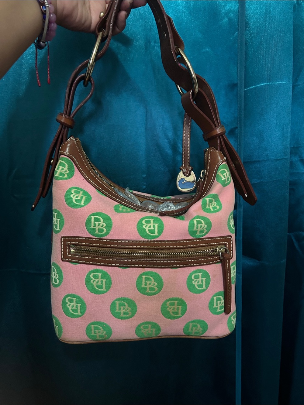 Dooney & Bourke Pink and Green Shoulder Bag with Brown